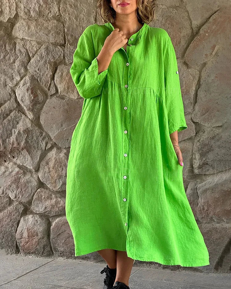 Women's Shirt Dress - Buttoned Mid-Length - 3/4 Sleeves