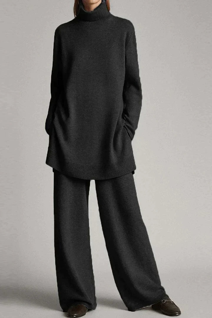 Women's Set - Oversized Knitted Turtleneck & Wide Leg Pants