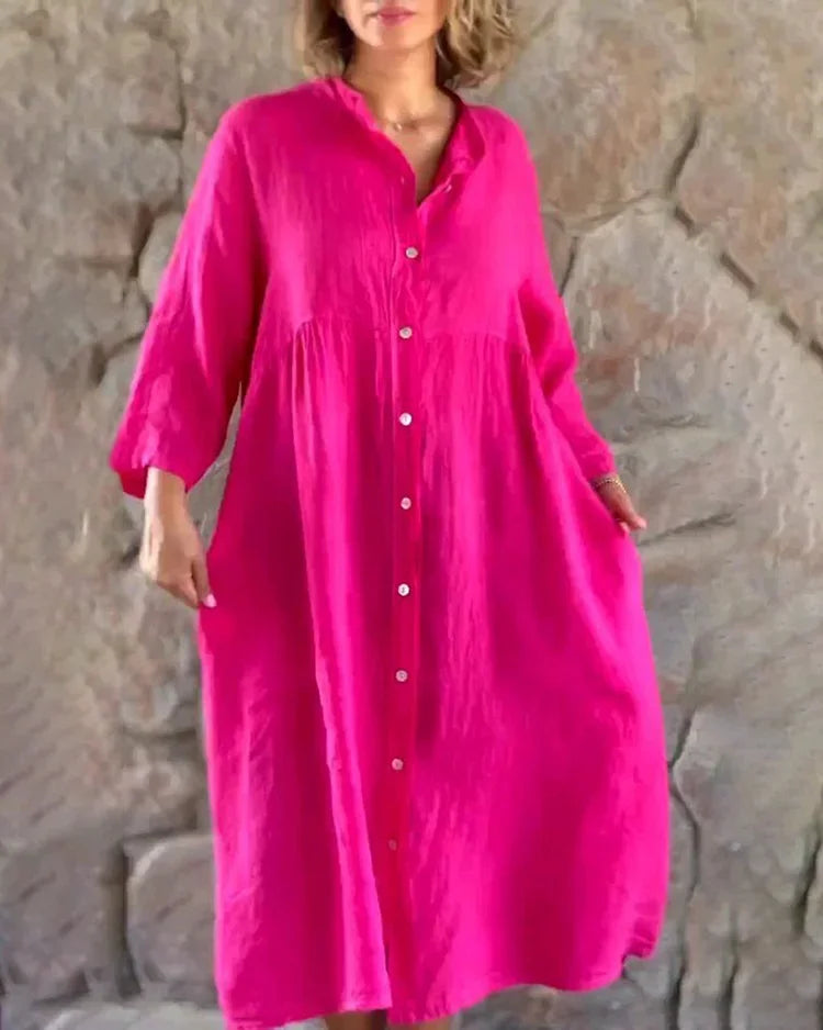 Women's Shirt Dress - Buttoned Mid-Length - 3/4 Sleeves