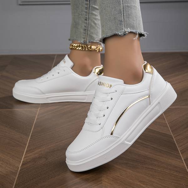 Sophie Sneakers Luxury in White PU Leather with Gold or Silver Accents