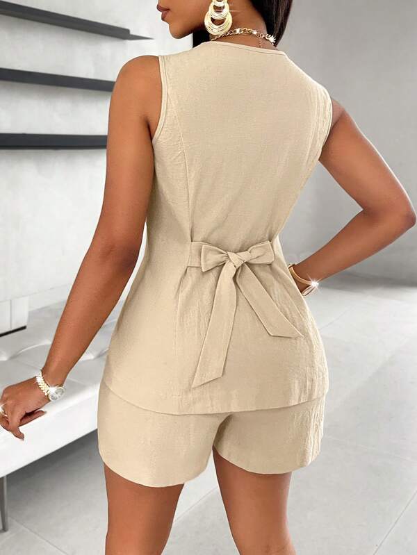 Women's Sleeveless Jumpsuit - Fitted Cut - Buttoned V-Neck - Elegant and Structured