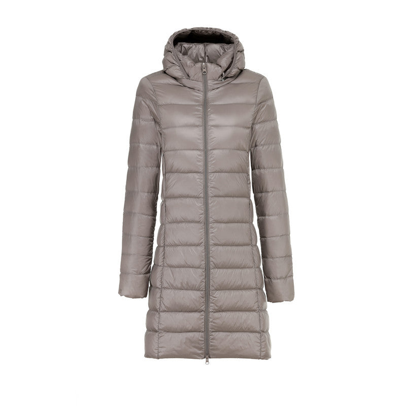 Sophie elegant long down jacket with removable hood