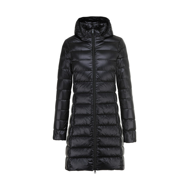 Sophie elegant long down jacket with removable hood