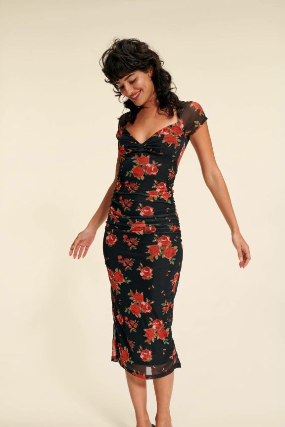 Women's Bodycon Dress - Floral Print - V-Neck - Short Sleeves