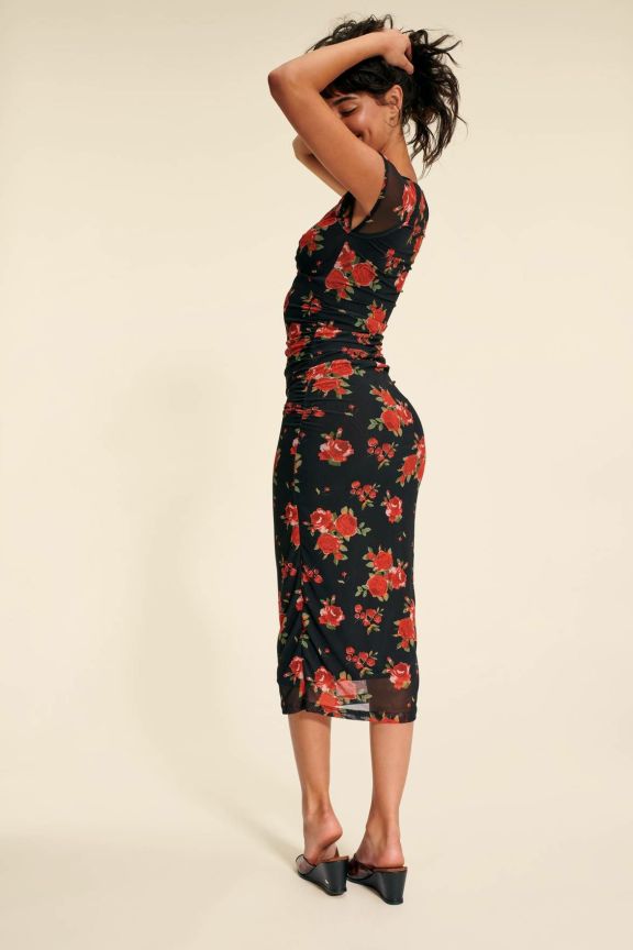 Women's Bodycon Dress - Floral Print - V-Neck - Short Sleeves