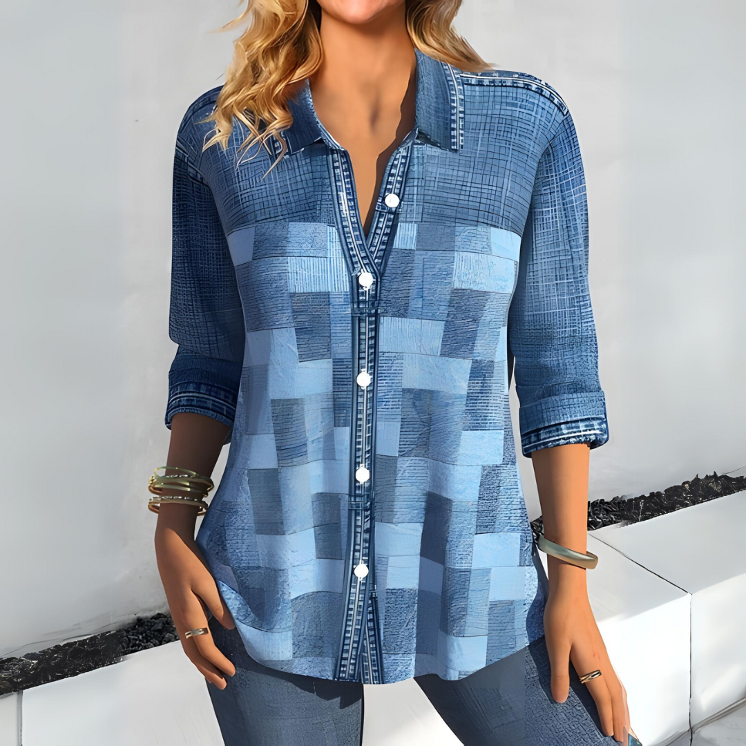Women's Blouse - 3/4 Sleeves - Patchwork Pattern