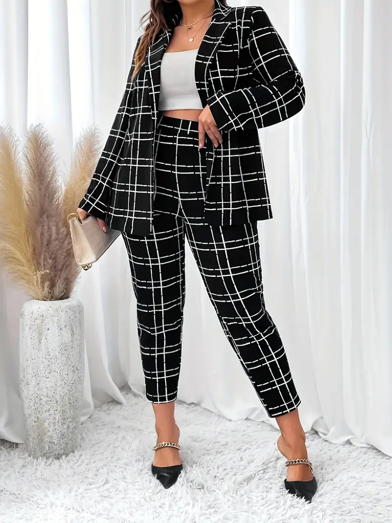 Women's Tailored - Notch Lapel Fitted Blazer Check Trousers