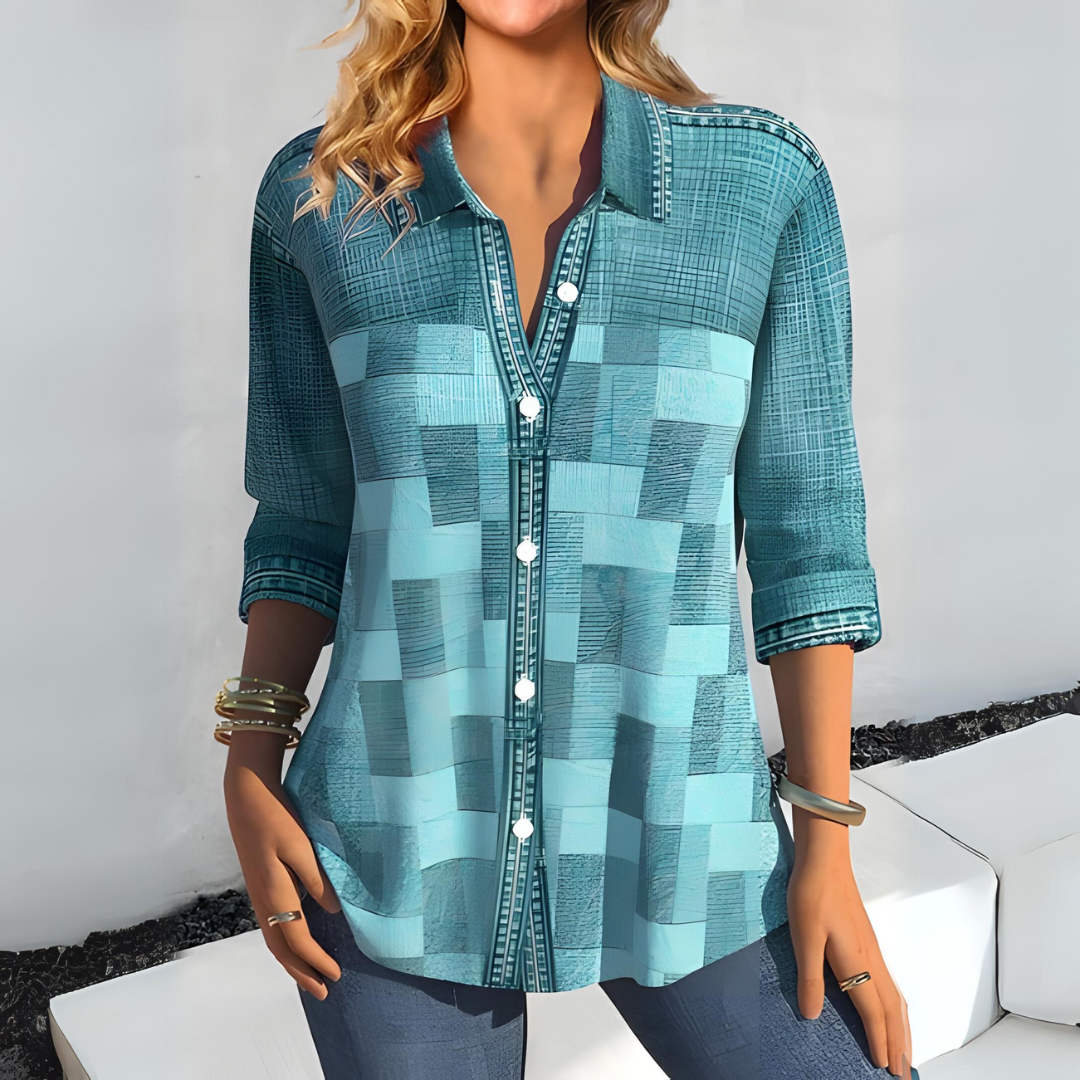 Women's Blouse - 3/4 Sleeves - Patchwork Pattern