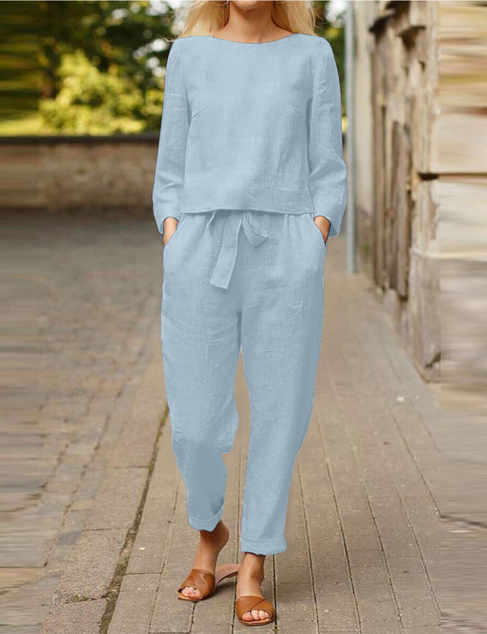 Women's Linen Set - Long Sleeve Top and Straight Pants with Belted Waist