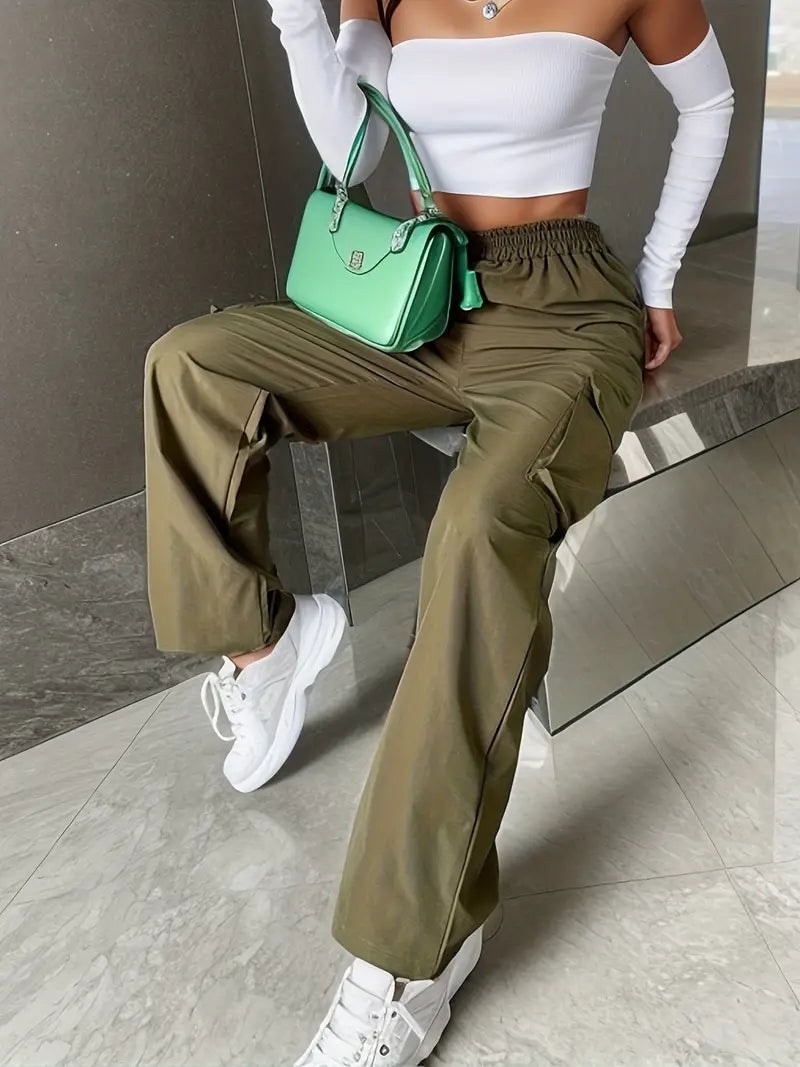 Women's Cargo Pants - Elastic Waist Straight Cut Comfortable