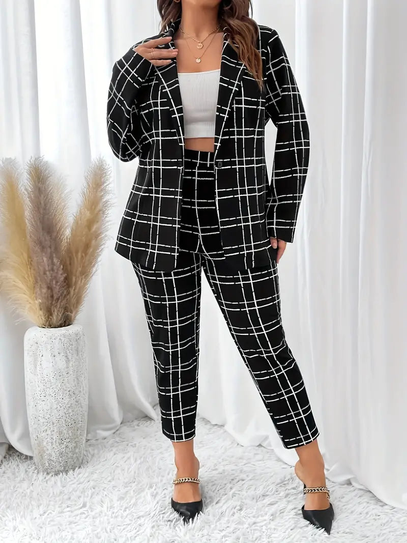 Women's Tailored - Notch Lapel Fitted Blazer Check Trousers