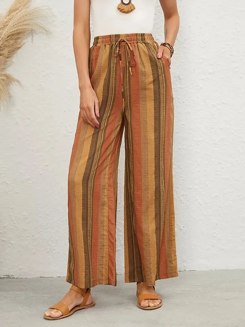 Women's Wide Leg Pants - High Waist Elastic Belt