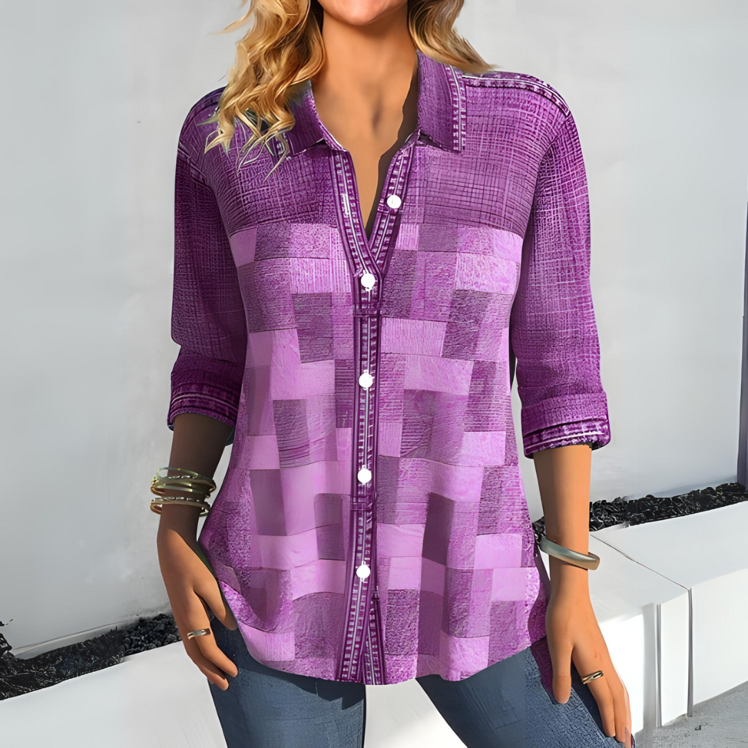 Women's Blouse - 3/4 Sleeves - Patchwork Pattern