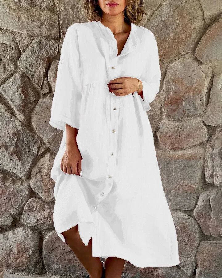 Women's Shirt Dress - Buttoned Mid-Length - 3/4 Sleeves