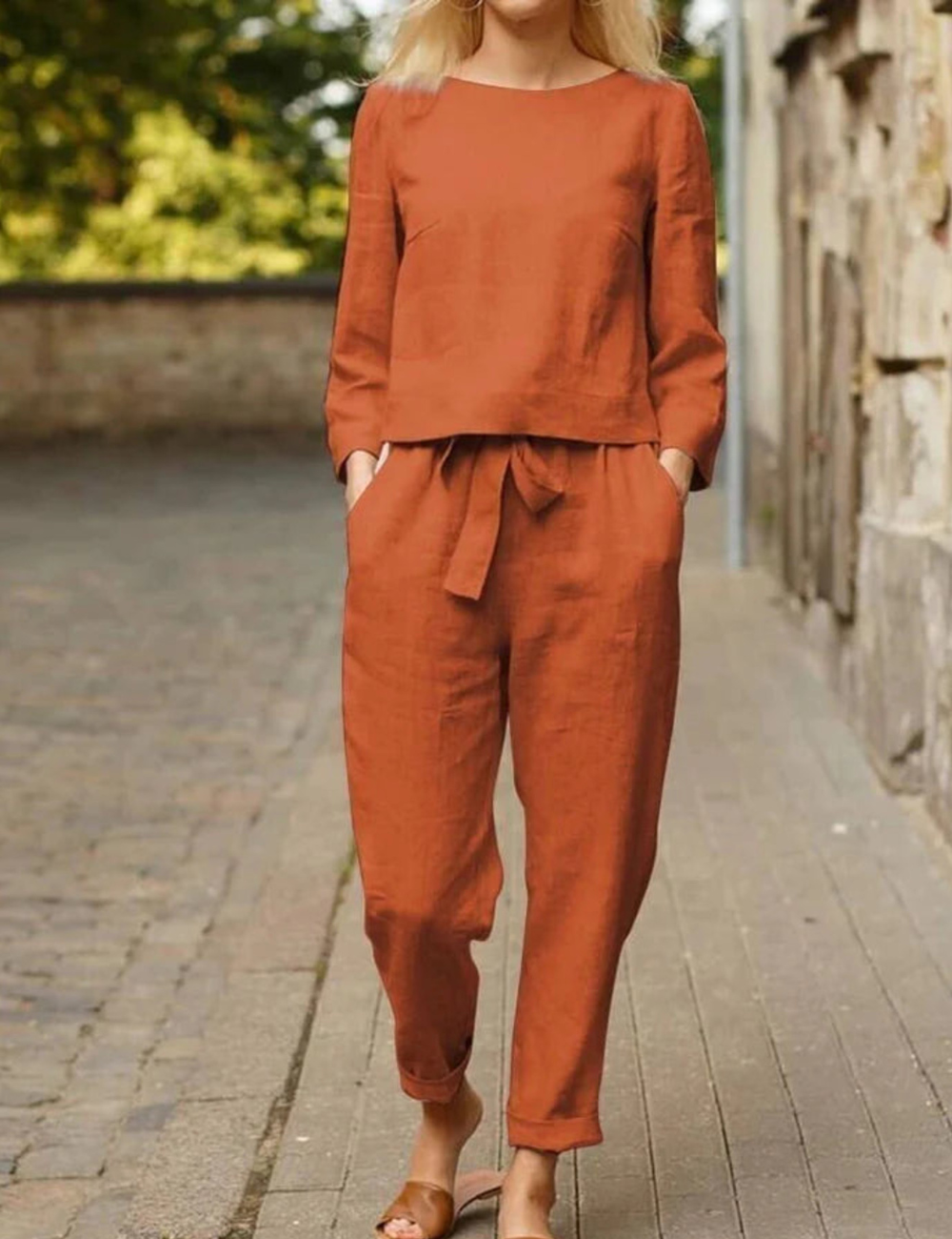 Women's Linen Set - Long Sleeve Top and Straight Pants with Belted Waist