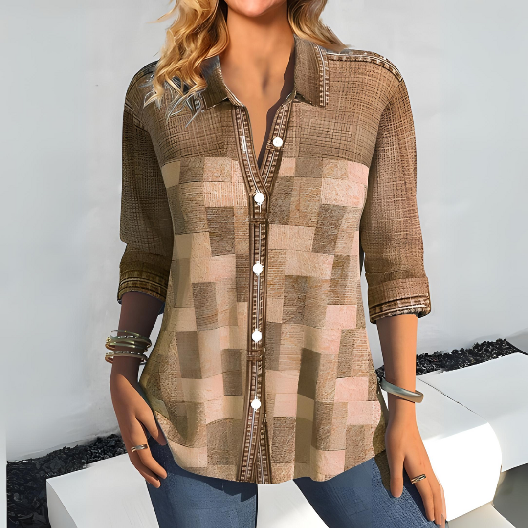 Women's Blouse - 3/4 Sleeves - Patchwork Pattern