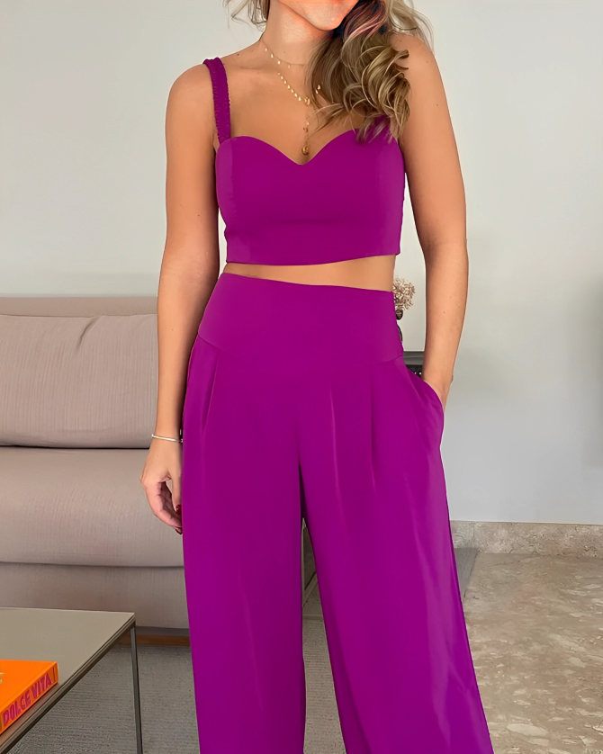 Women's Set - Delicate Strap Crop Top & High-Waisted Pants
