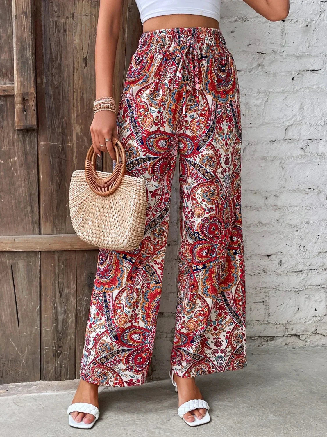 Wide-leg pants for women - High waist elastic