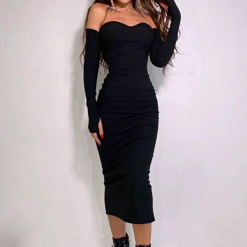 Midi Dress for Women - Fitted Cut and Off-Shoulder