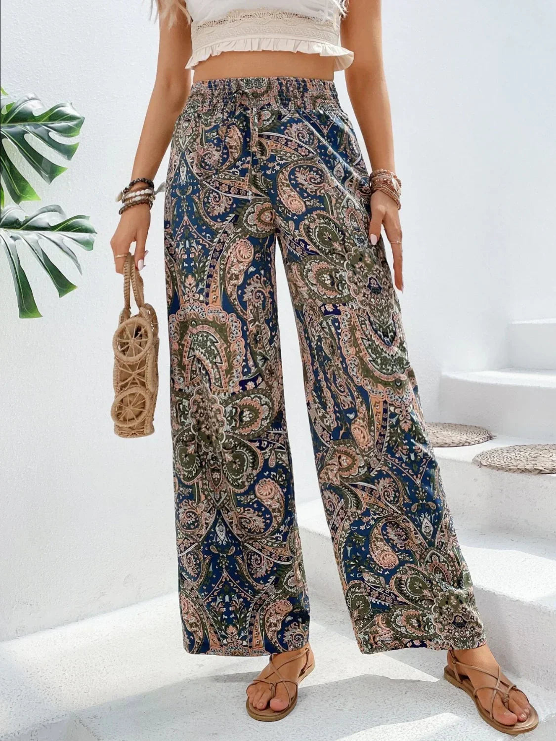 Wide-leg pants for women - High waist elastic
