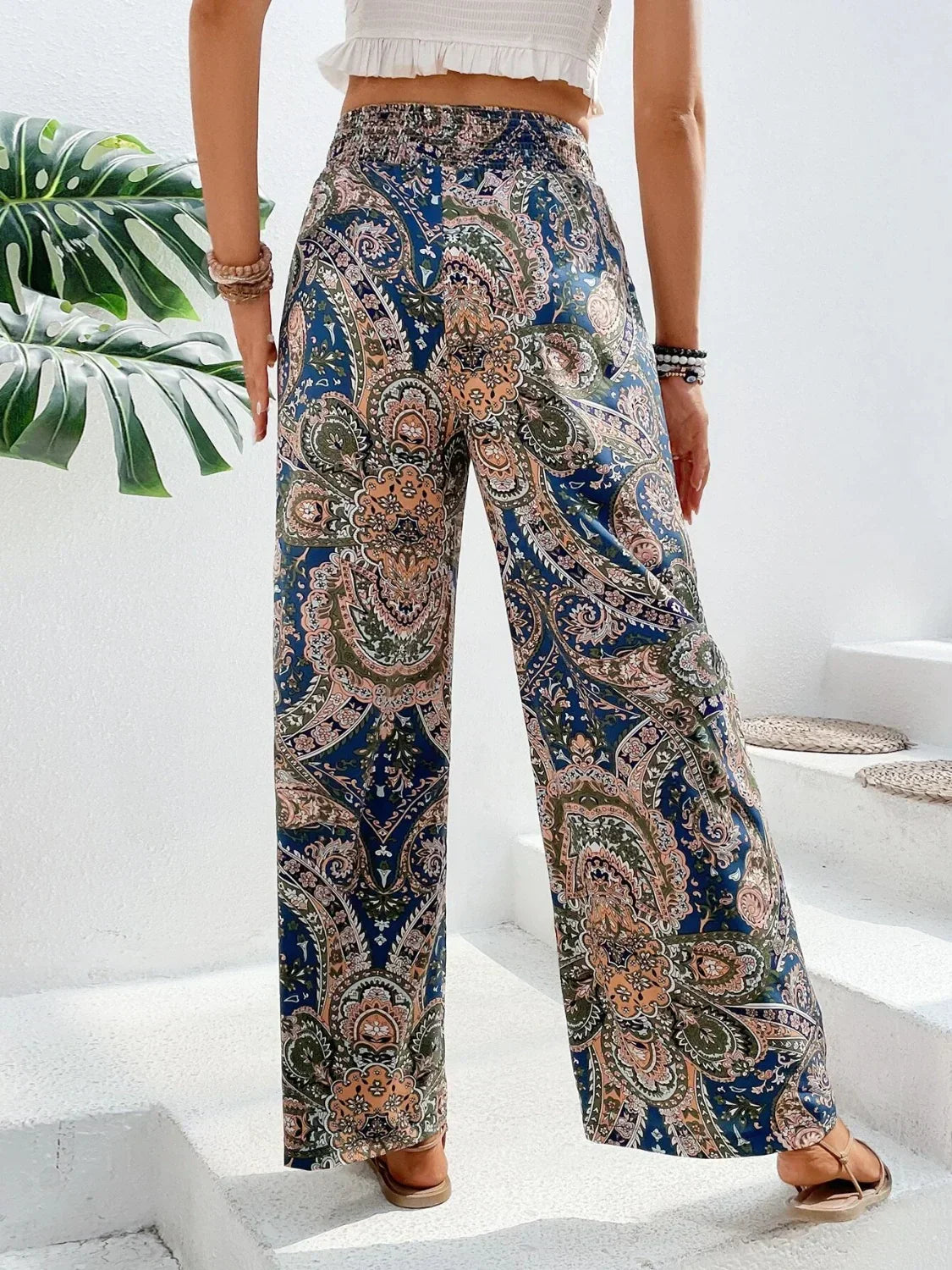 Wide-leg pants for women - High waist elastic