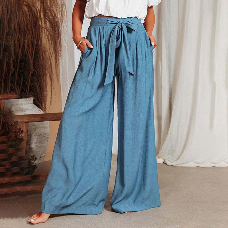 Wide Leg Pants for Women - High Waist Bow Belt