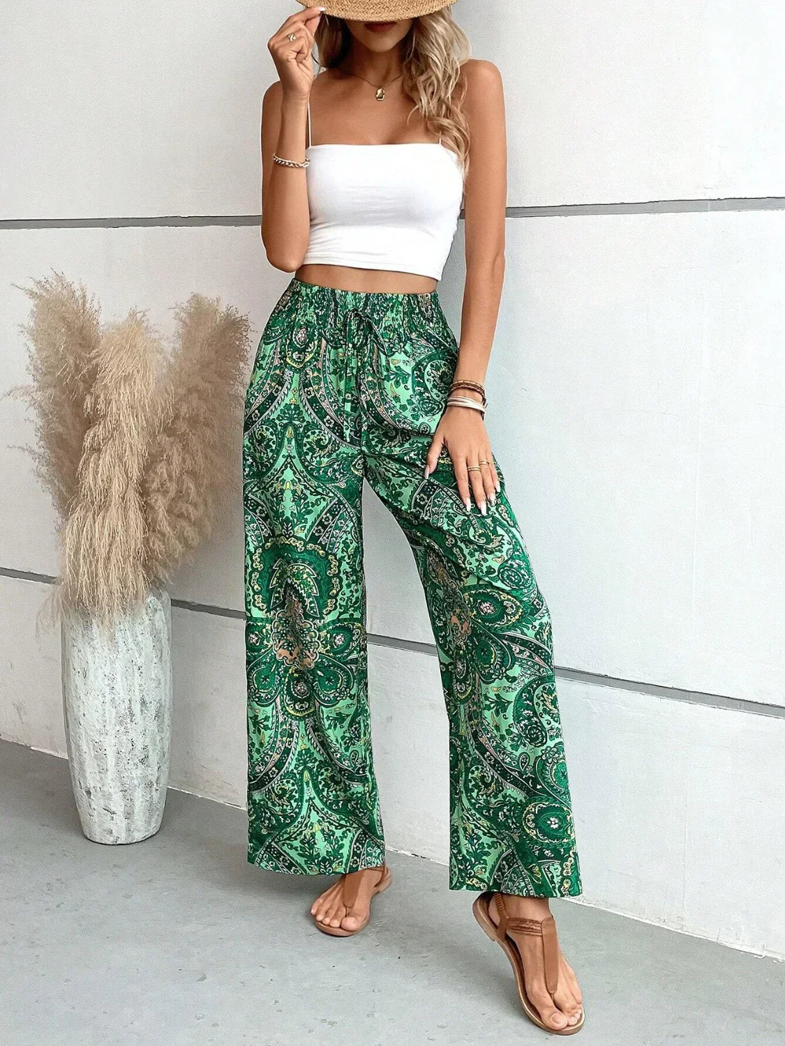 Wide-leg pants for women - High waist elastic
