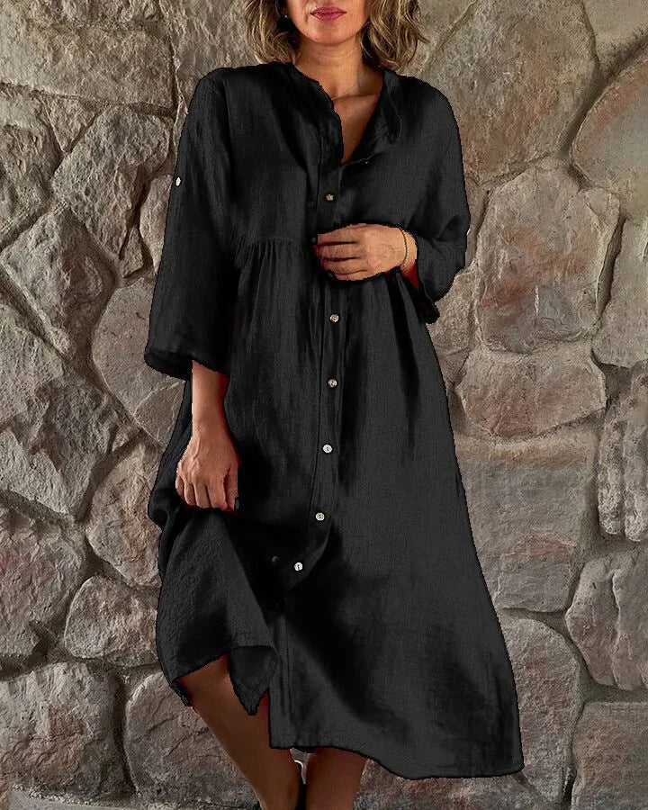 Women's Shirt Dress - Buttoned Mid-Length - 3/4 Sleeves