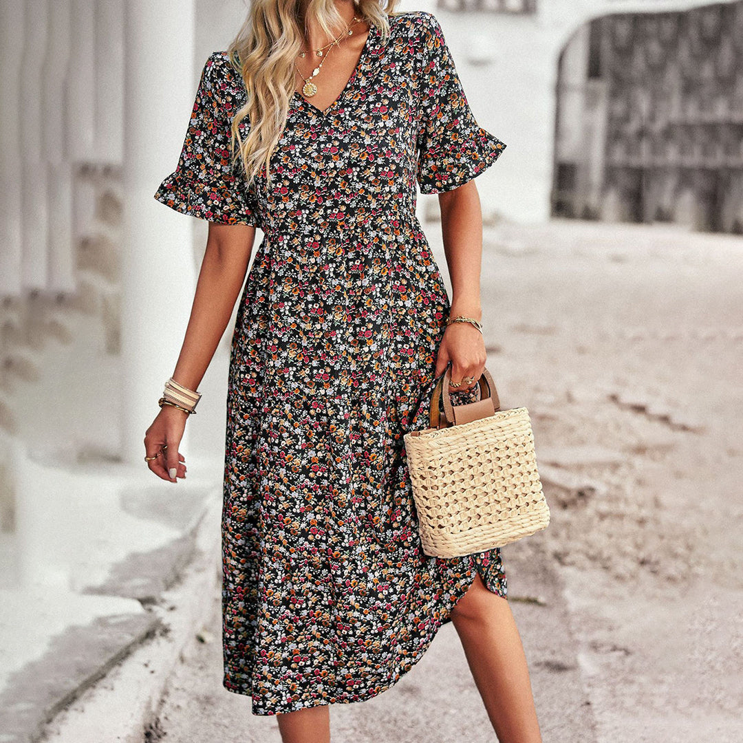 Léa – Light Bohemian Midi Dress with Floral Print and V-Neck
