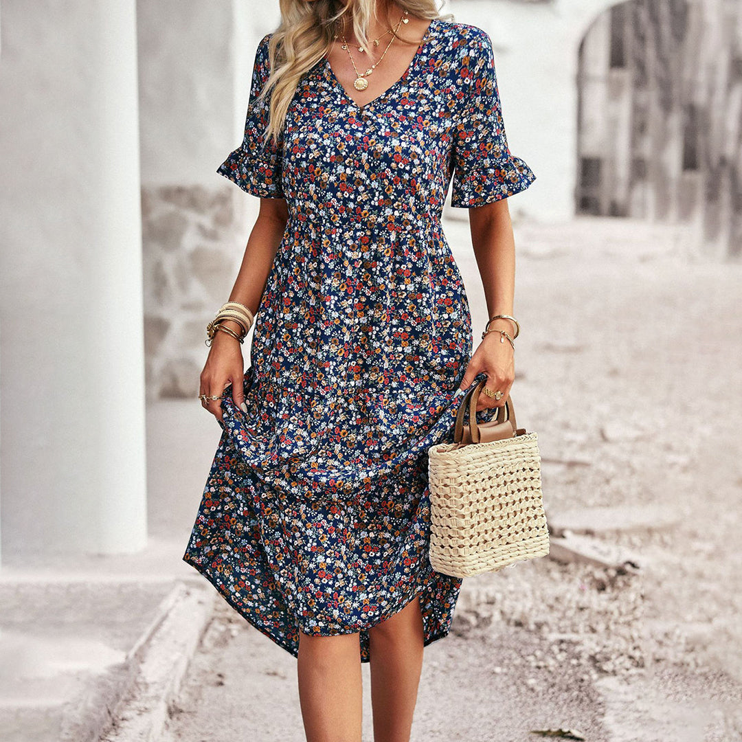 Léa – Light Bohemian Midi Dress with Floral Print and V-Neck