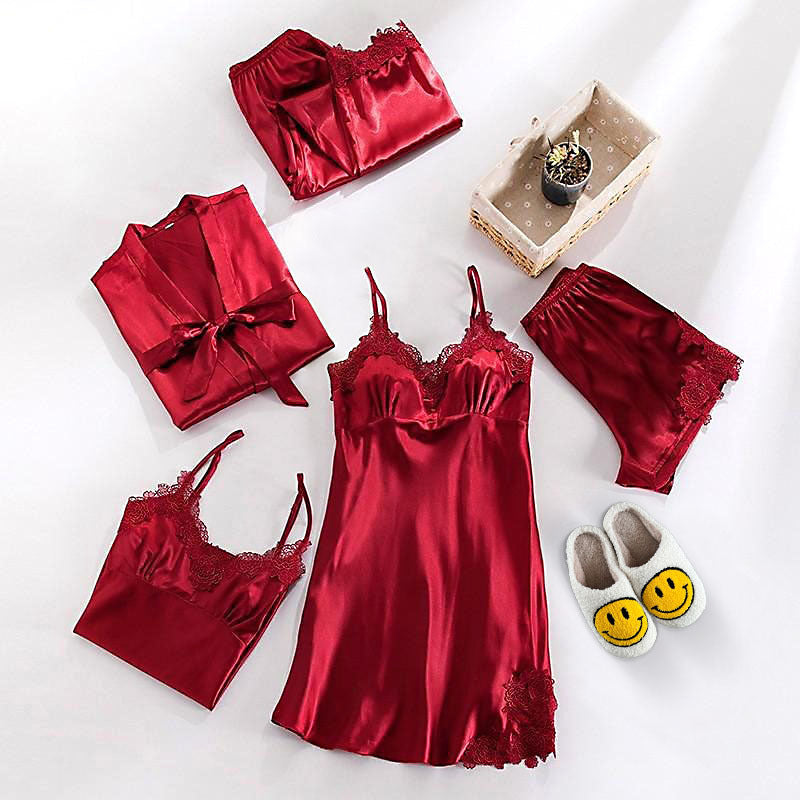 Sophie Elegant Satin Set – 5-Piece Pajama with Lace Details