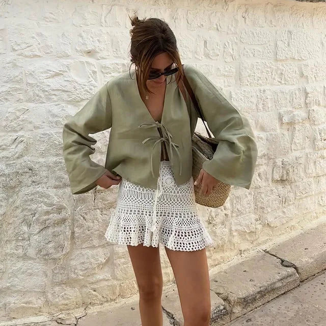 Women's Blouse - V-Neck Tied Loose Long Sleeves