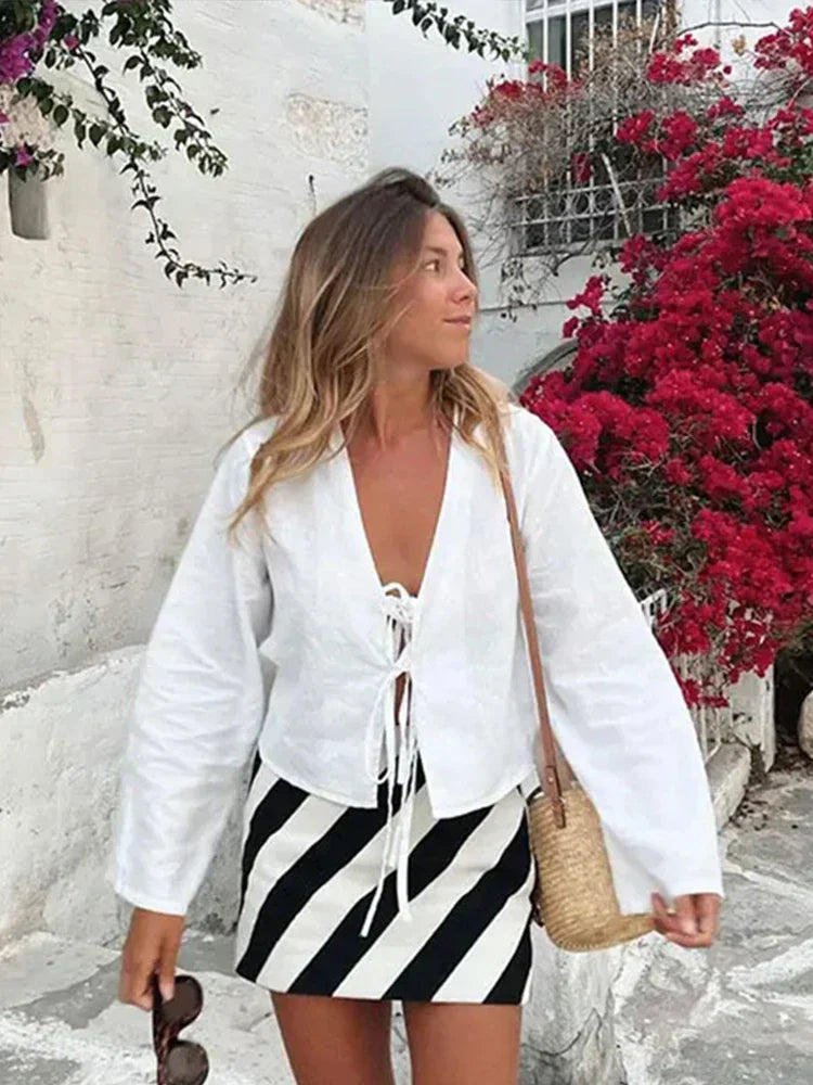 Women's Blouse - V-Neck Tied Loose Long Sleeves