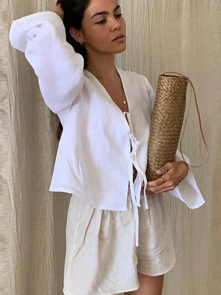 Women's Blouse - V-Neck Tied Loose Long Sleeves