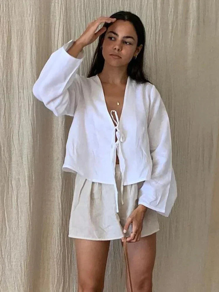 Women's Blouse - V-Neck Tied Loose Long Sleeves