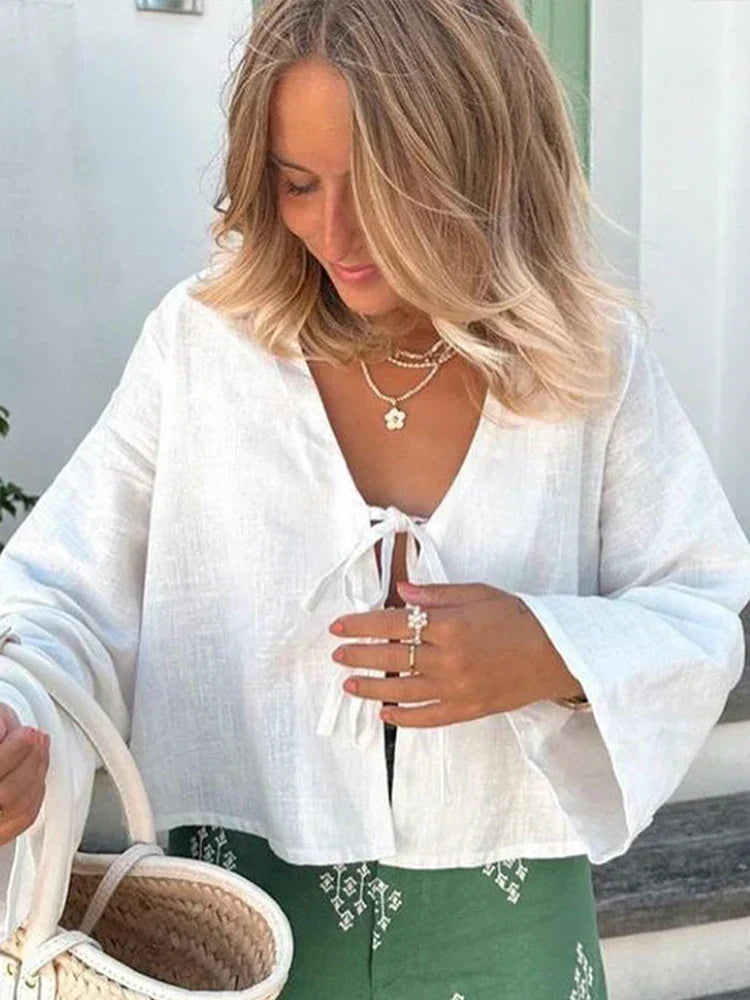 Women's Blouse - V-Neck Tied Loose Long Sleeves