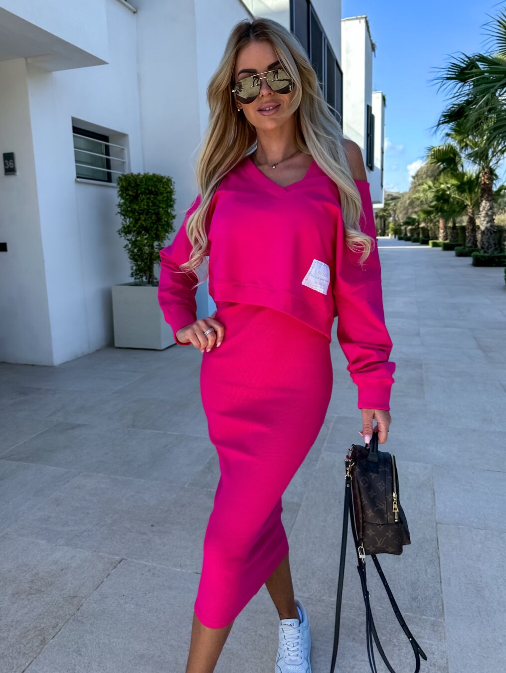 Women's Set - Short Sweatshirt with Off-Shoulder Sleeves & Midi Skirt