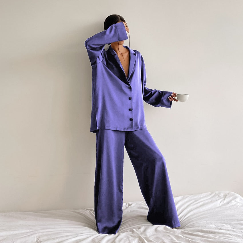 Ensemble Pyjama Femme - Chemise Boutonnée & Pantalon Large