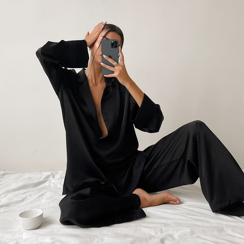 Ensemble Pyjama Femme - Chemise Boutonnée & Pantalon Large