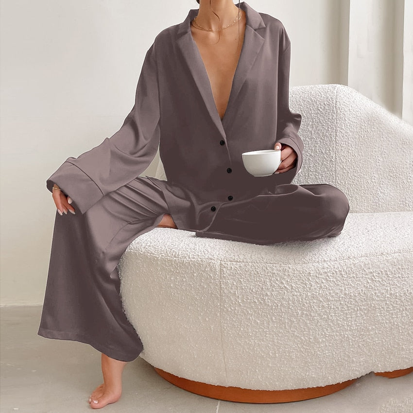 Ensemble Pyjama Femme - Chemise Boutonnée & Pantalon Large