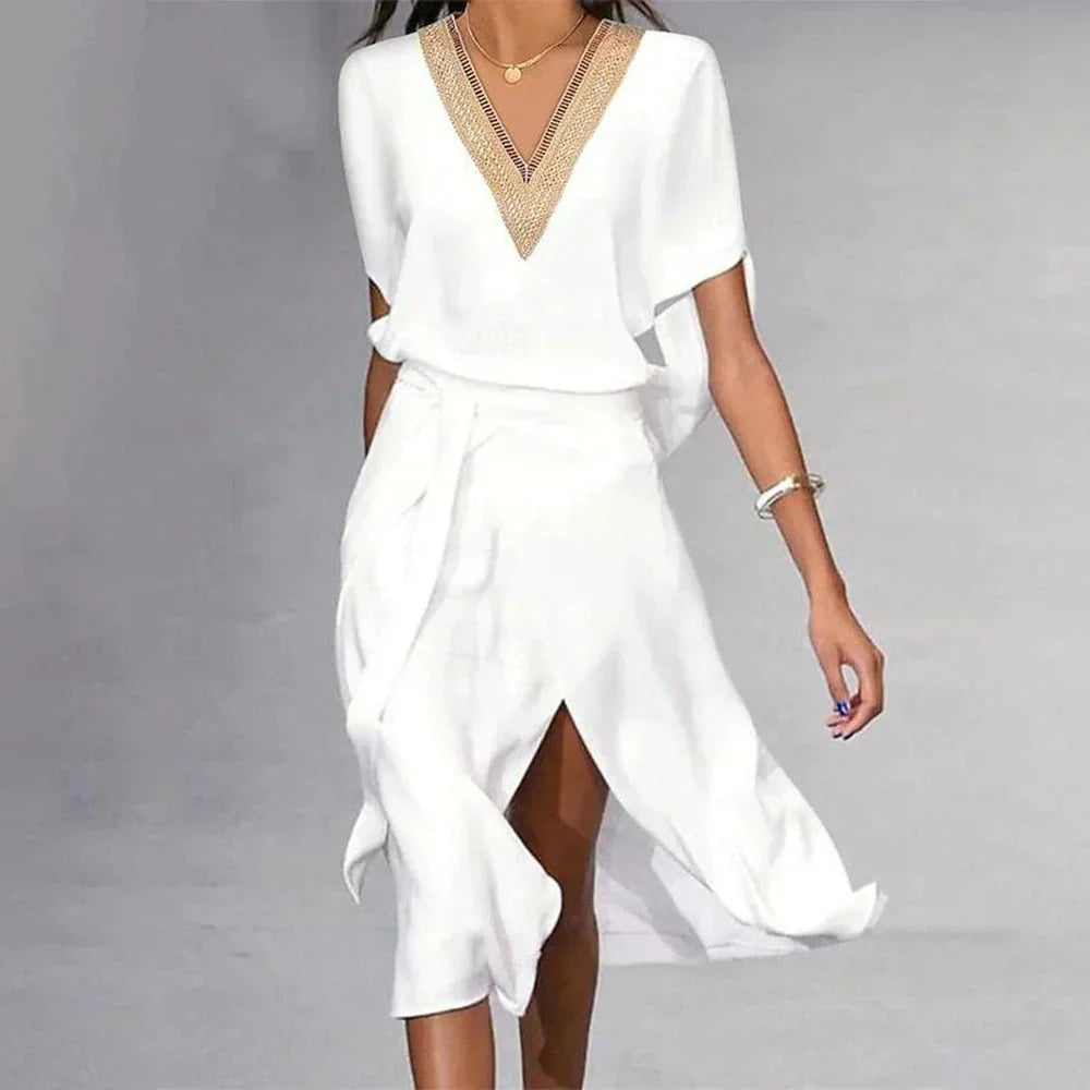 Léa Elegant White Midi Dress with V-Neck