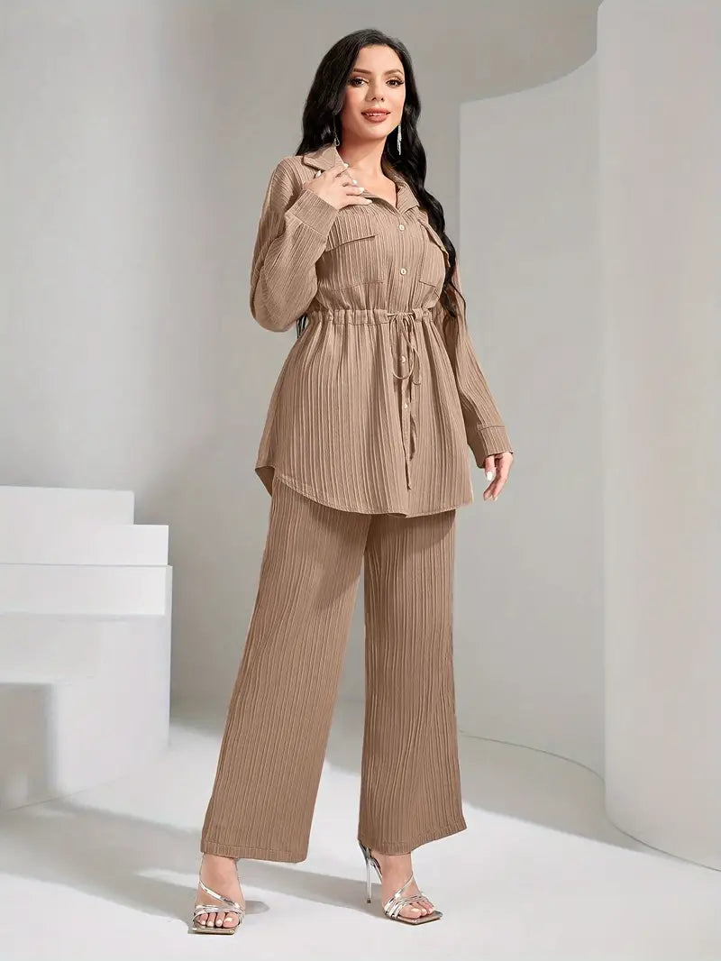 Women's Set – Long Sleeve Button-Up Shirt & Wide Leg Pants