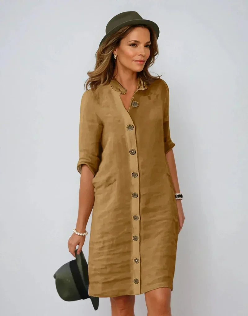 Sophie Elegant Midi Shirt Dress in Mixed Linen