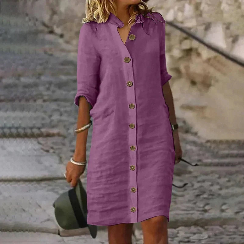 Sophie Elegant Midi Shirt Dress in Mixed Linen