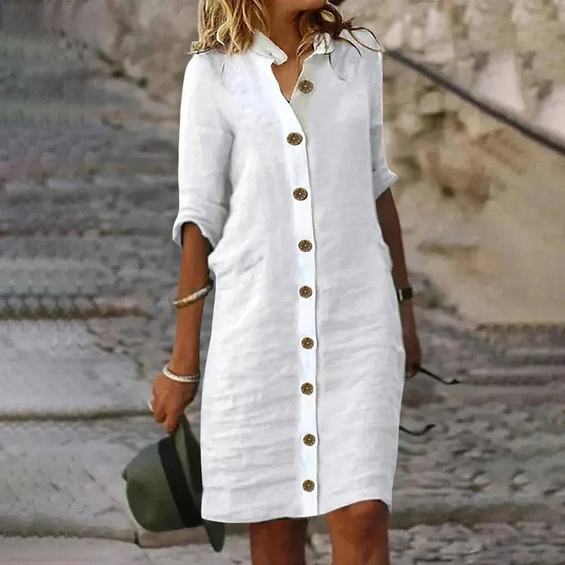 Sophie Elegant Midi Shirt Dress in Mixed Linen