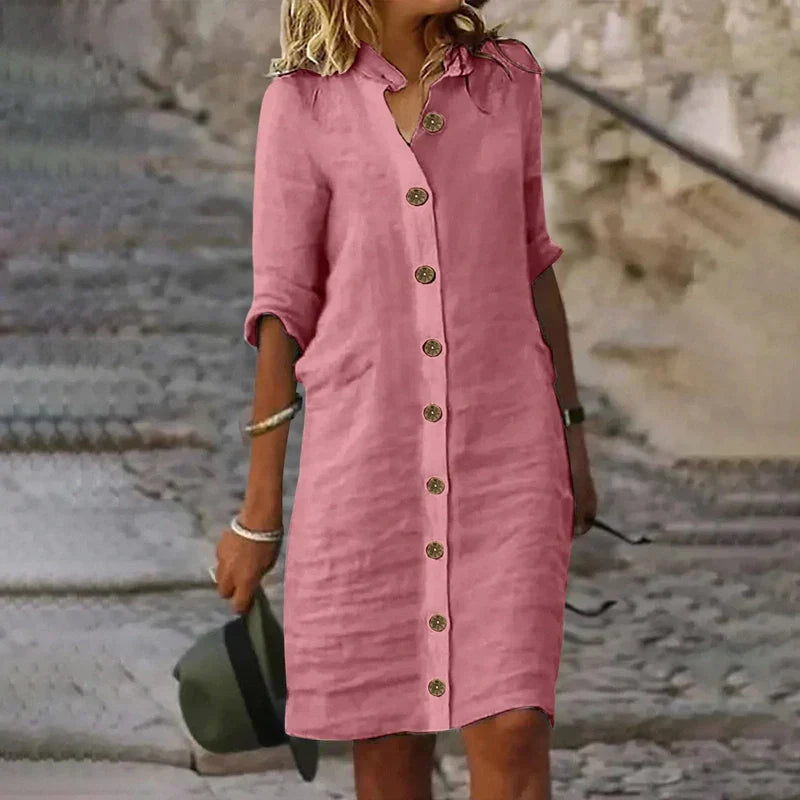 Sophie Elegant Midi Shirt Dress in Mixed Linen