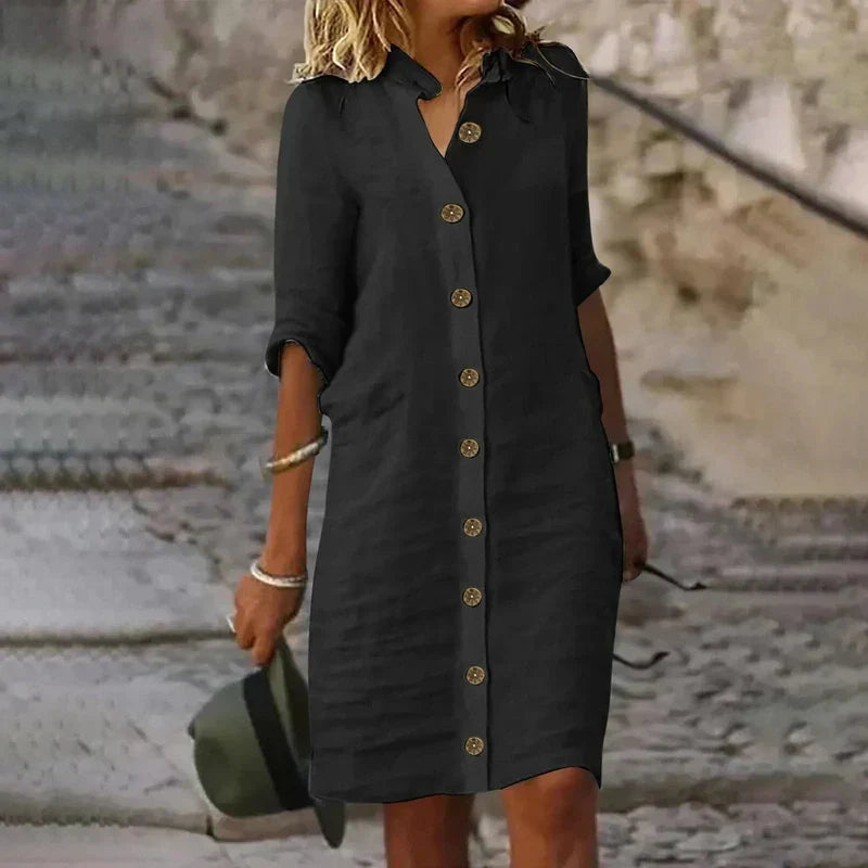 Sophie Elegant Midi Shirt Dress in Mixed Linen