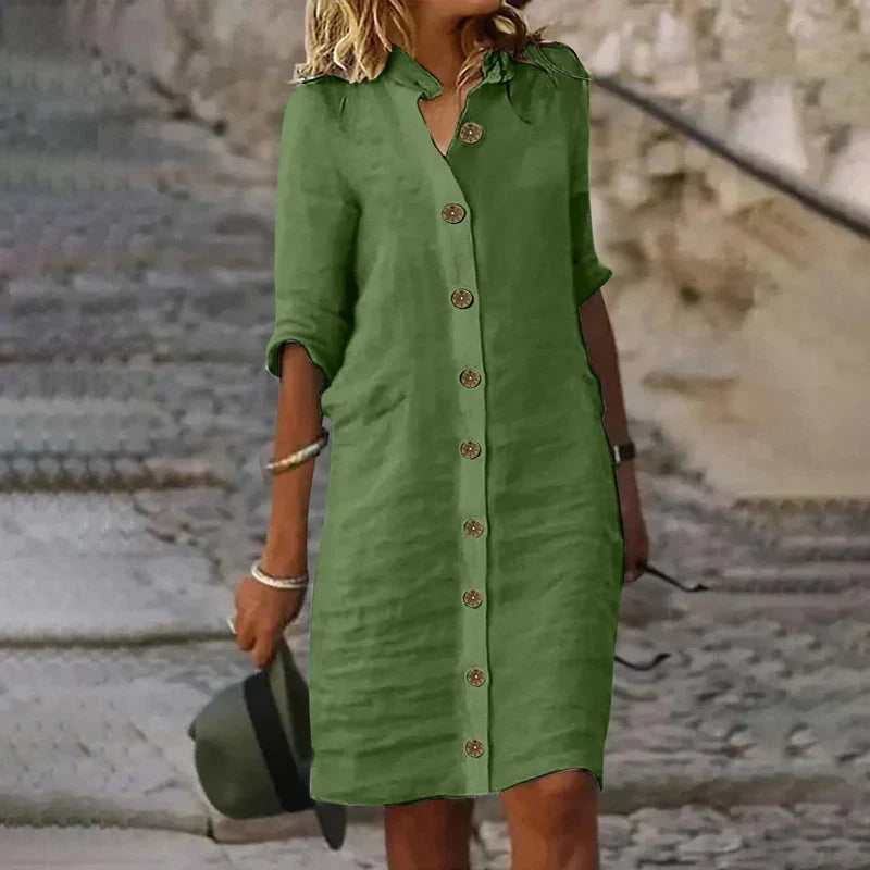 Sophie Elegant Midi Shirt Dress in Mixed Linen