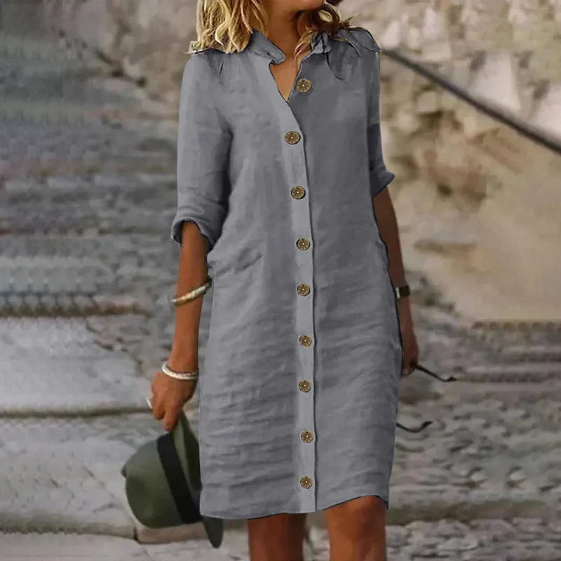 Sophie Elegant Midi Shirt Dress in Mixed Linen