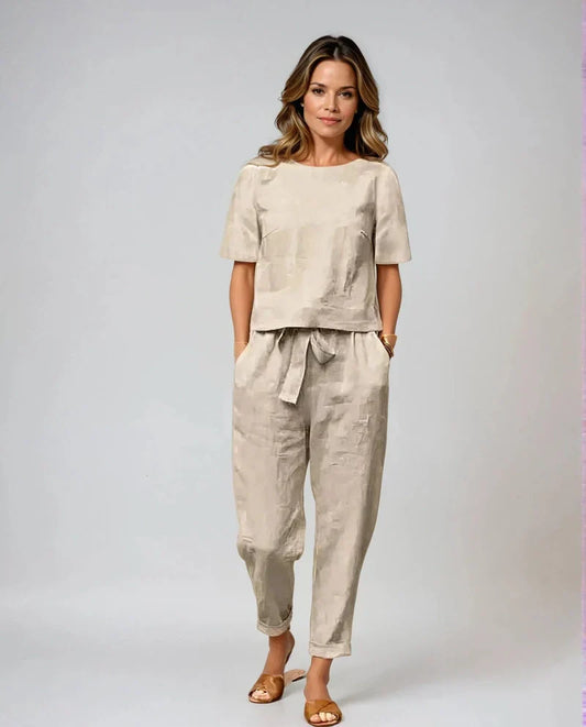 Livia Elegante Completo in Lino con Blusa e Pantaloni